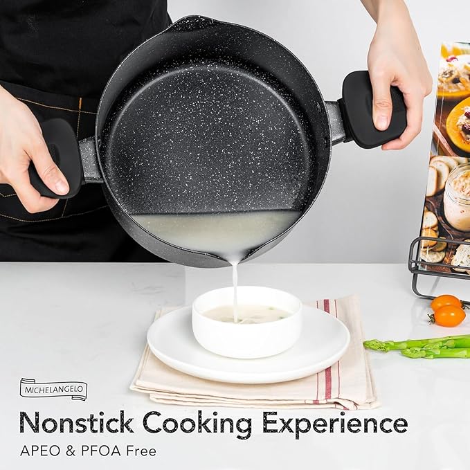 MICHELANGELO Pasta Pot with Strainer Lid, 6 Quart Cooking Pot with Twist and Lock Handles, Soup Pot with Nonstick Granite Coating, Spaghetti Pot Induction Compatible, Black