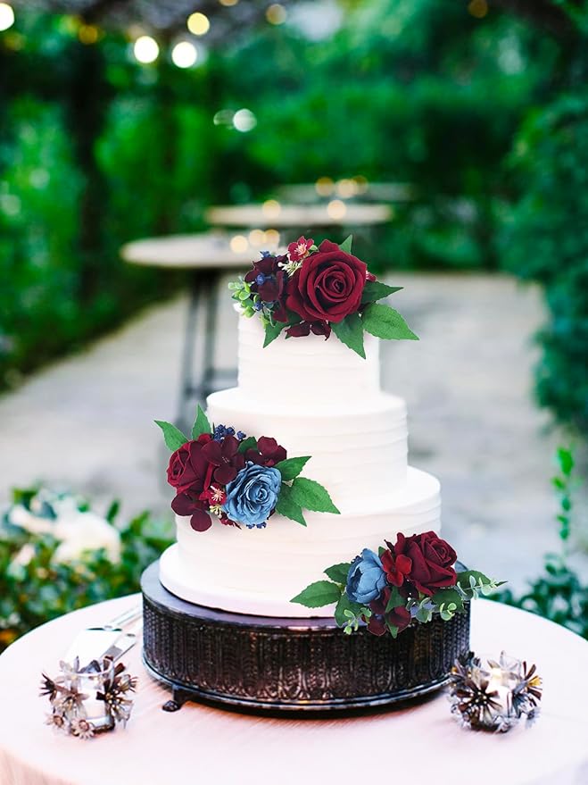Rinlong 3Pcs Pre-made Cake Toppers - Flowers for Christmas, Wedding, Baptism - Burgundy, Navy Xmas Cake Decorations