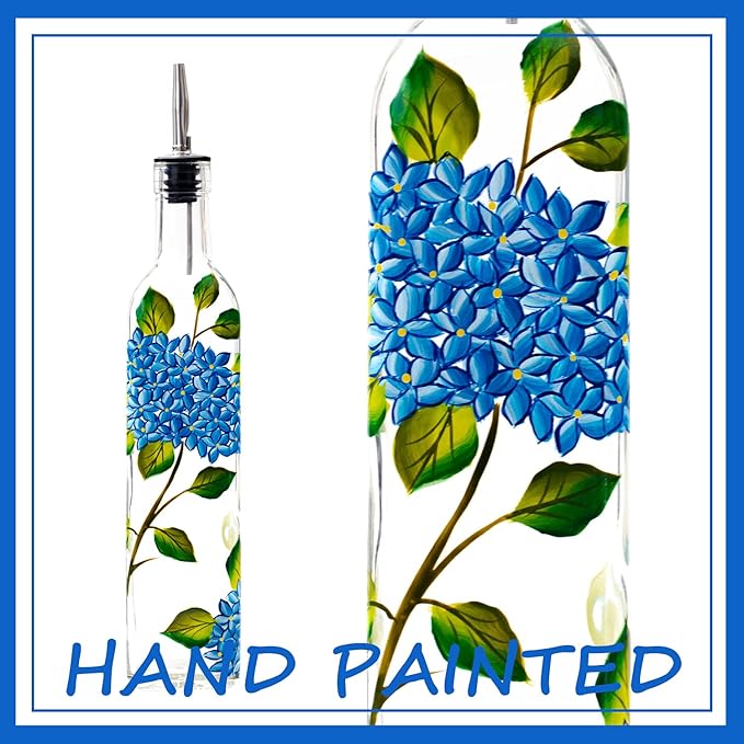 17oz Hand Painted Glass Olive Oil Bottle Dispenser - 500ml Green Oil & Vinegar Cruet with Pourers - Olive Oil Carafe Decanter for Kitchen (hydrangea)