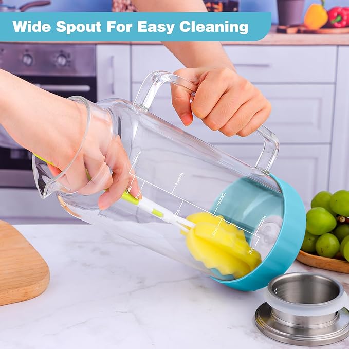 Aofmee 68oz Glass Pitcher with Lid, 2 Liter Water Carafe with Silicone Base and Precise Scale Line, Ice Tea Pitcher for Fridge, Anti-Slip Glass Jug for Sun Tea Juice Coffee Milk Beverage (Blue)