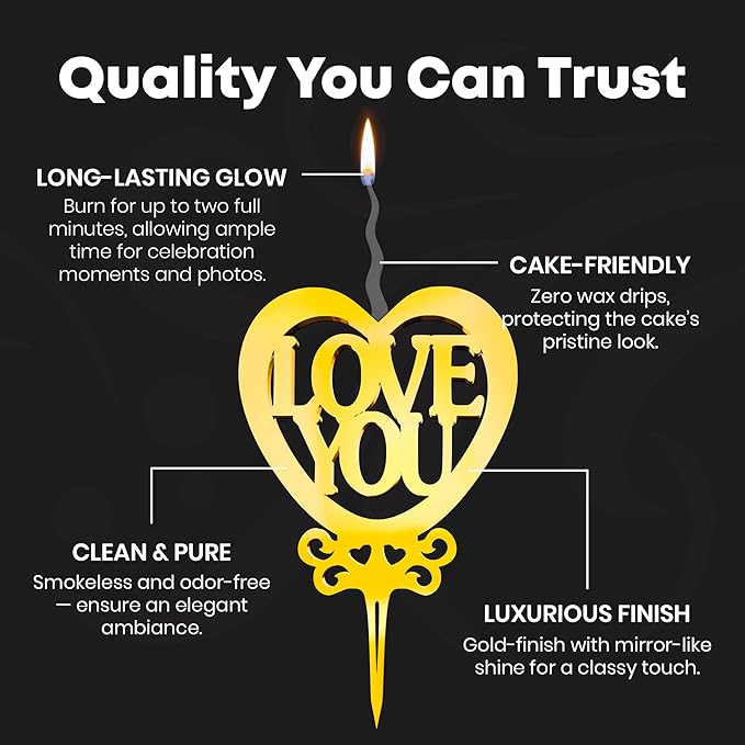 Love You Reusable Gold Romantic Cake Candle - Luxury Cake Topper Candle for Birthdays, Weddings & Anniversaries - Reusable Food Safe Acrylic, Shiny Mirror Finish - Happy Birthday Cake Topper Decor