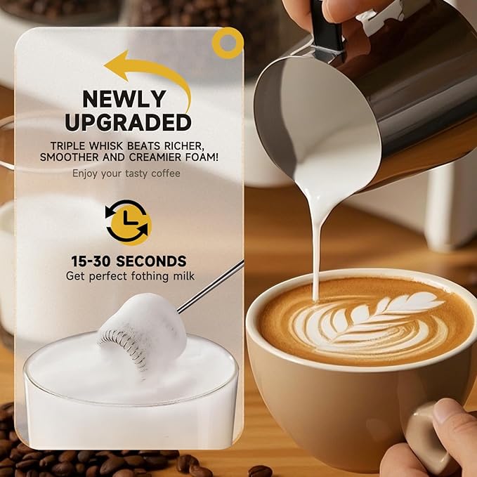 Electric Milk Frother Handheld, Triple-whisk 3-Speed Coffee Drink Mixer with 3 Stainless Steel Whisks (Including Triple-Spring Frothing Whisk) – Stand Included for Cappuccino, Latte, Egg Whisking