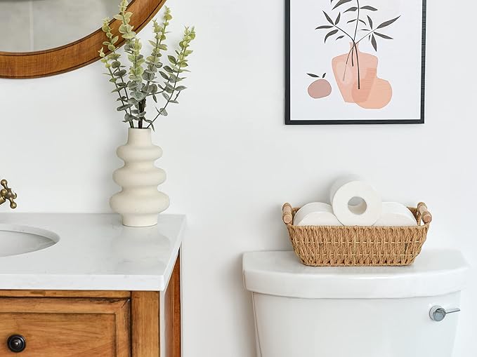 StorageWorks Hand-Woven Small Wicker Baskets, Round Paper Rope Storage Baskets with Wooden Handles, Light Brown, 2-Pack