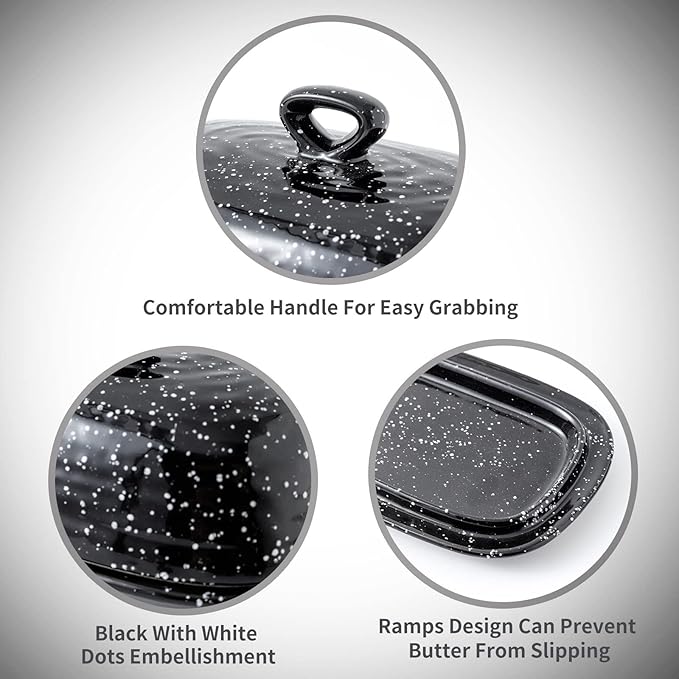 Hasense Butter Dish with Lid, Ceramic Butter Dish with Cover for Countertop, Porcelain Butter Keeper Holder with Handle Design for East West Coast Butter, Butter Tray with Lid for Fridge, Black