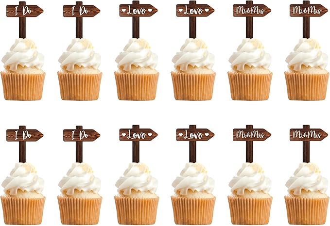 12 PCS Wedding Cupcake Toppers in Wood Rustic Wedding Cake Decoration