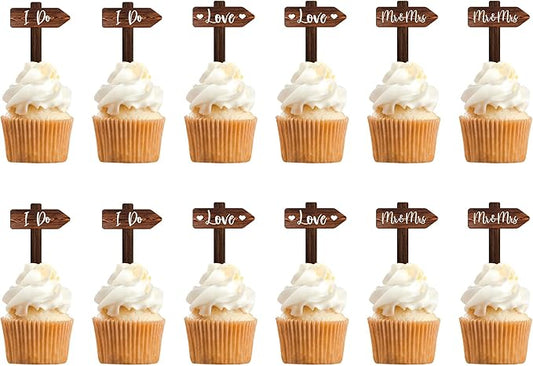 12 PCS Wedding Cupcake Toppers in Wood Rustic Wedding Cake Decoration