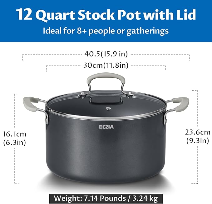 12 Quart Pot with Lid, BEZIA Ceramic Nonstick Stock Pot with Lid, Induction Ready, Large Cooking Pot with Silicone Handle, Compatible with All Cooktops, Dishwasher Safe