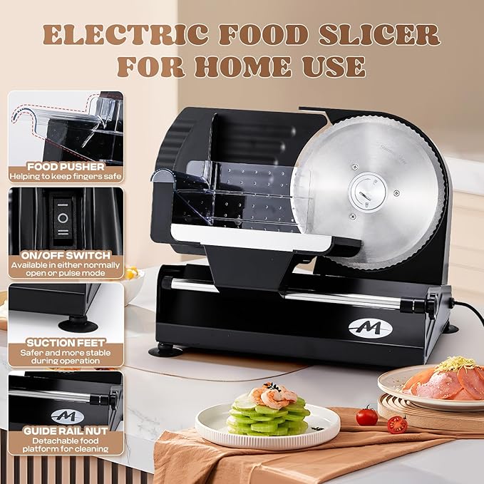 Moongiantgo Electric Meat Slicer 220W, 1-20mm Adjustable Thickness Deli Food Slicer with 2 Removable 7.3" Stainless Steel Blade, Removable Food Platform, Cheese Fruit Bread Slicer for Home,110V
