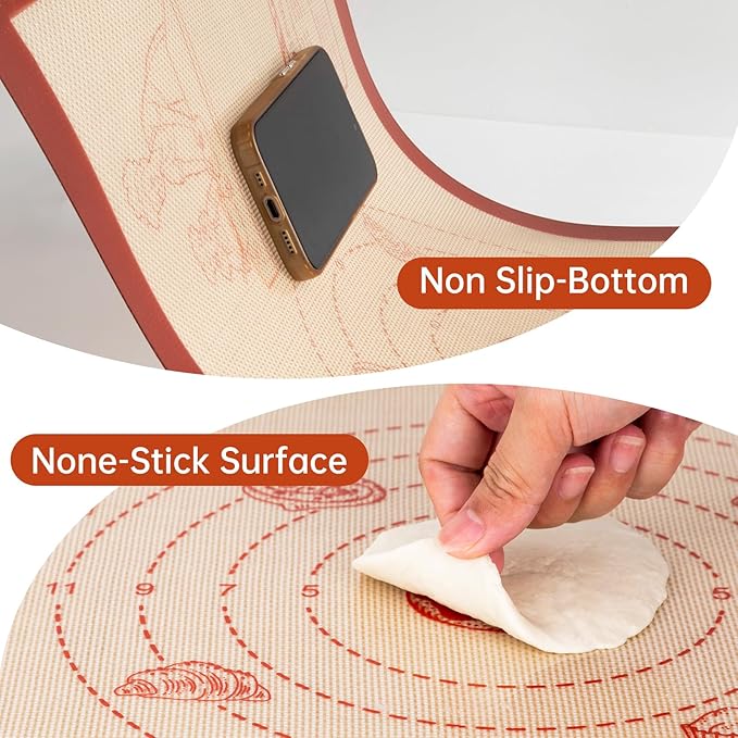 Silicone Macaron Baking Mat with 10 Easy Recipes, Extra Thick Silicone Mats for Baking, Non Stick Pastry Mat for Dough Rolling, Heat Resistant Silicone Bread Cookie Pizza Oven Mat with Measurement