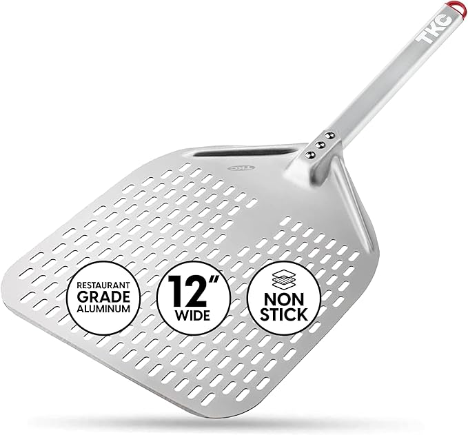 TKC Perforated Pizza Peel 12 Inch - Long Handle Perforated Aluminum Pizza Paddle - Lightweight Pizza Turning Peel Spatula - Compatible with all Ooni Pizza Ovens - 26 Inch Overall Length (Silver/Gray)