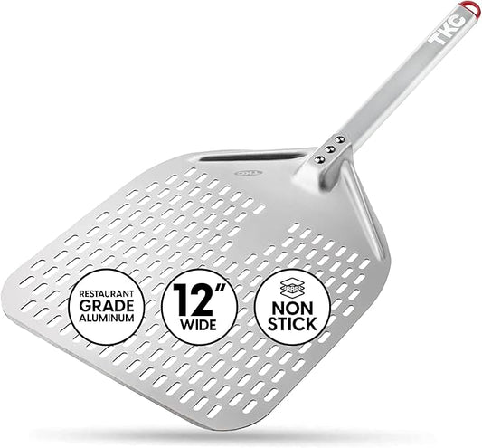 TKC Perforated Pizza Peel 12 Inch - Long Handle Perforated Aluminum Pizza Paddle - Lightweight Pizza Turning Peel Spatula - Compatible with all Ooni Pizza Ovens - 26 Inch Overall Length (Silver/Gray)