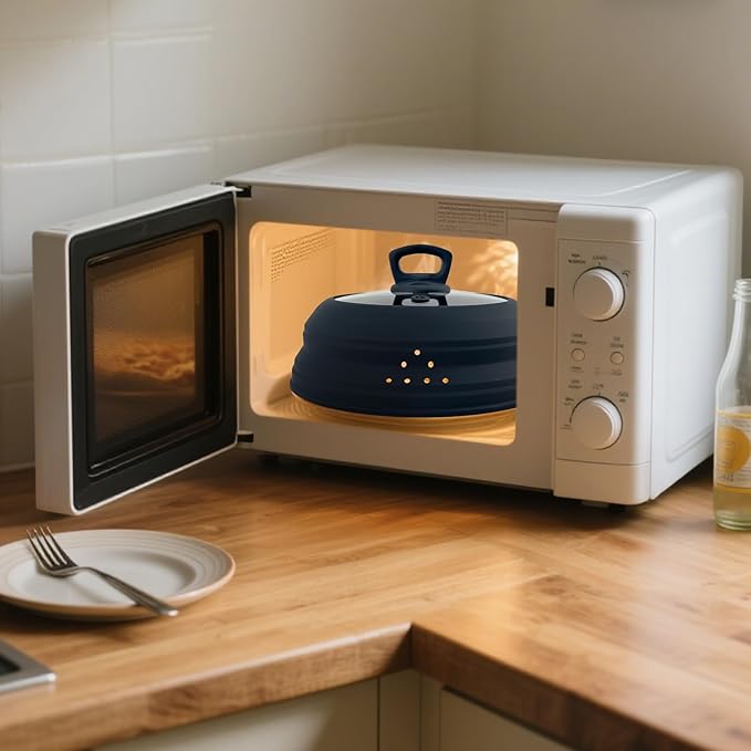 Microwave Splatter Cover Collapsible Silicone & Tempered Glass 11.8 Inch Microwave Cover for Food Splatter Guard with Steam Vents Dishwasher Safe Fits Bowls, Plates & Pots (Gray)