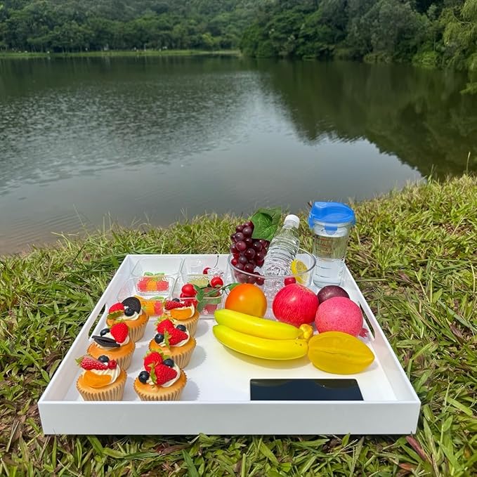 White Acrylic Large Ottoman Tray with Handles 18"x18"x2" Spill Proof Serving Tray Rubber Boot Organizer Tray Decorative for Living Room Bedroom Kitchen Entryway Coffee Table Countertop