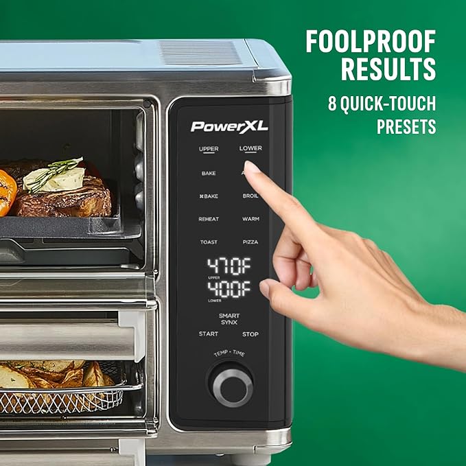 PowerXL SmartSynx Dual Door Oven, 8 Quick-Touch Cooking Presets including Air Fry, Toast, Bake, Broil, Reheat and More, Cook 2 Different Foods at the Same Time, Large Capacity & Adjustable Temperature