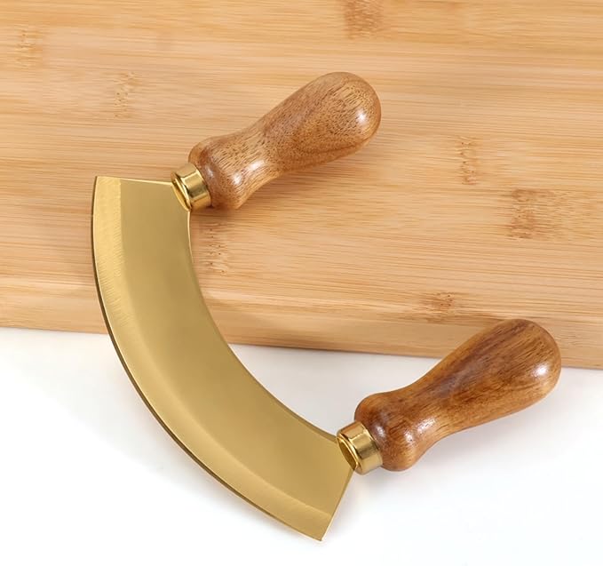 5.4 Inch Stainless Steel Mezzaluna Knife - Salad Chopper Rocker Pizza Cutter Rocker Knife Curved Blade Sharp Blade Double Acacia Wood Handle Fruit Vegetable Mincing (5.4 Inch Gold)