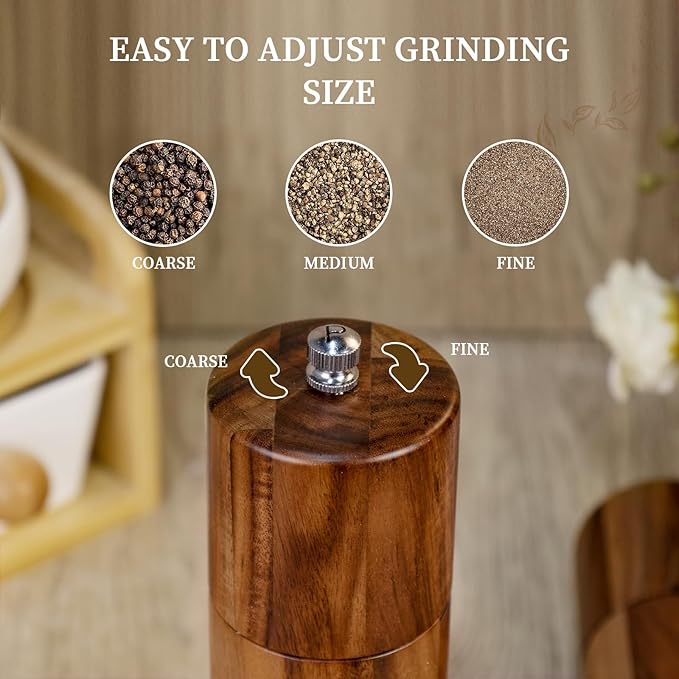2 Pack Acacia Wooden Salt and Pepper Grinder Set 8 Inches Refillable Salt and Pepper Mills Adjustable Coarseness, Acacia Wood with Ceramic Core Peppercorn Shaker Tableware Birthday Gifts
