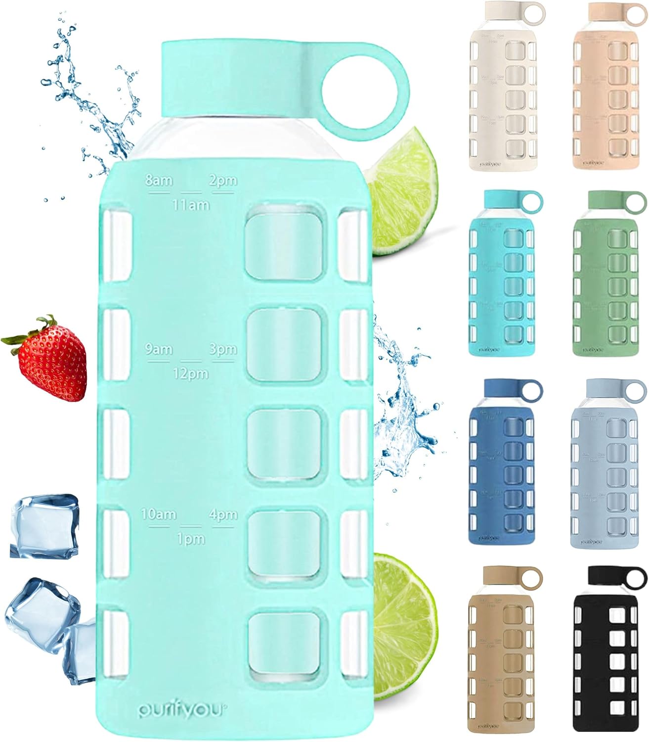 purifyou 40oz / 32oz / 22oz / 12oz Borosilicate Glass Water Bottle with Time & Volume Markers, Silicone Sleeve, Stainless Steel Lid – Reusable Glass Bottle for Water & Juice (22oz Glow-in-the-Dark)