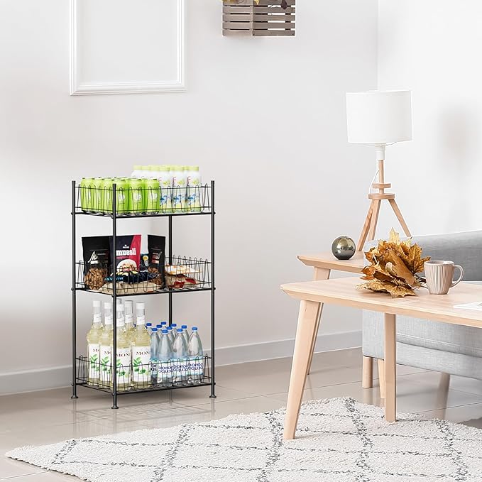 Water Bottle Organizer 3 Tier Freestanding Water Bottle Holder Storage Rack Metal Drink Beverage Soda Can Organizer Shelf Stand for Floor Pantry Kitchen Classroom Food Storage, Black