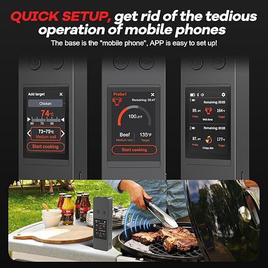 800FT Wireless Meat Thermometer Digital with 2 Upgraded Ultra-Thin Probe, Large Touchscreen, Kitchen Food Thermometer for Cooking Oven, Smoker, Rotisserie, BBQ(No App to Download)