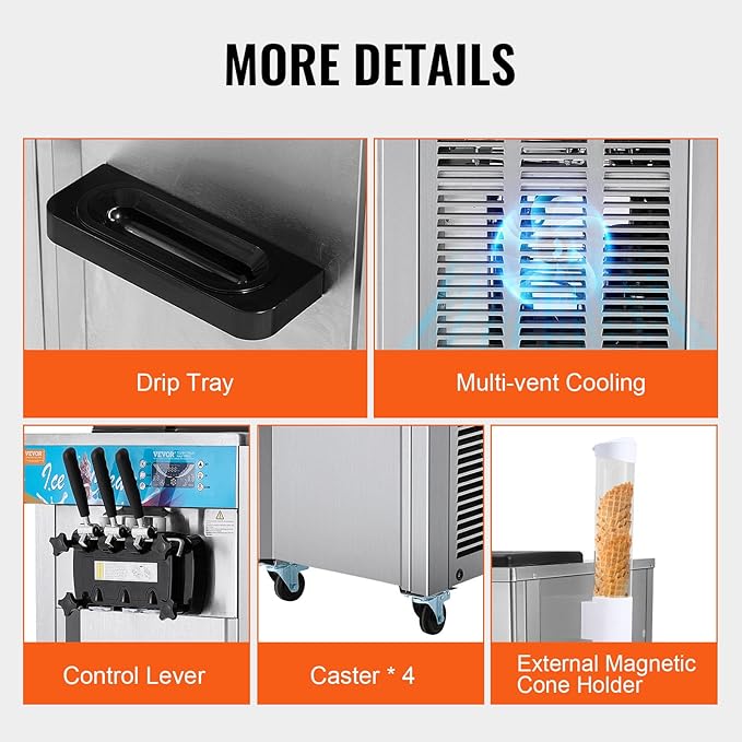 VEVOR Commercial Ice Cream Machine, 21-31 L/H Yield, 1800W 3-Flavor Freestanding Soft Serve Ice Cream Maker, 2 x 5.5L Stainless Steel Cylinder, LED Panel Auto Clean Pre-cooling, for Restaurant Bars