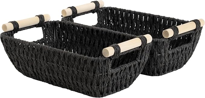 StorageWorks Black Wicker Storage Basket for Organizing with Wooden Handles, Small Woven Basket for Bathroom, Toilet Paper, 2-Pack