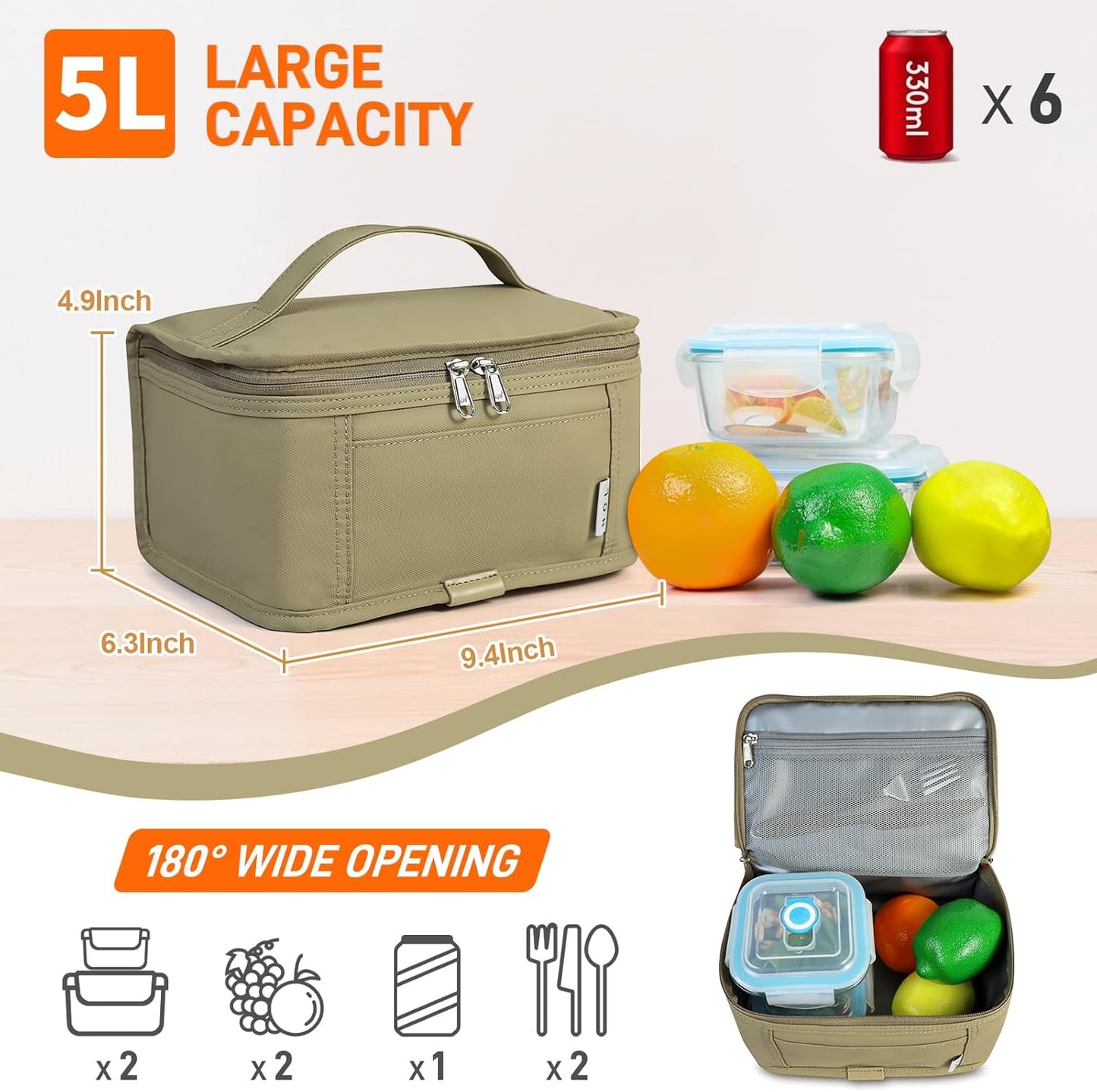 NOL Natural Organic Lifestyle Small Lunch Bag Mini Lunch Box Insulated Lunch Bag for Men/Women Leakproof Cooler Tote Bag Lightweight Nylon Waterproof Lunch Box For Work, Khaki