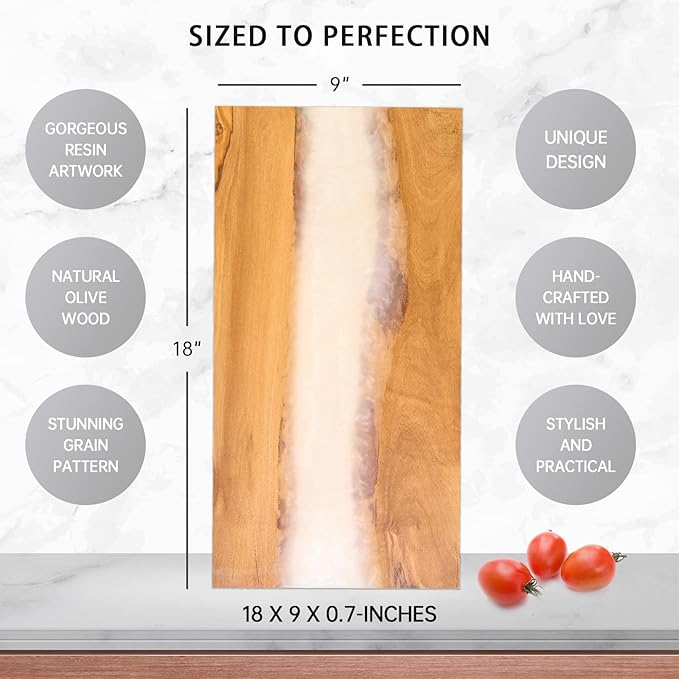 Italian Olive Wood luxury Cheese board with Resin, Charcuterie board, Chopping and Cutting Board for Meat Vegetable & Fruit, Wooden Epoxy Serving Board (White)