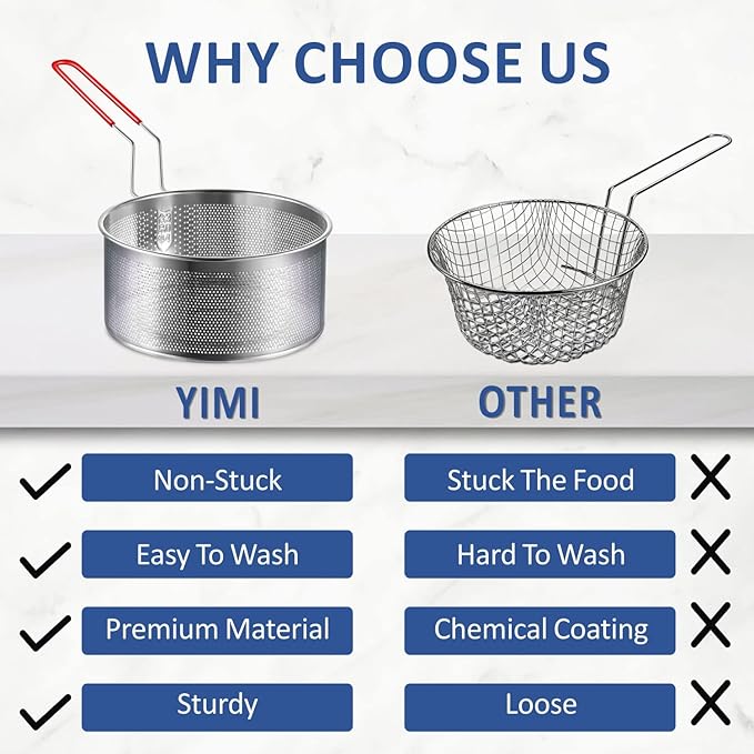 Deep Fryer Basket Only, 7''x4'' Colander with Silicone Handle,Round Stainless Steel Fry Baskets, Heat Resistant for Frying French Fries Cooking Noodles Vegetables, Ideal for Gift, 2.3-Quart