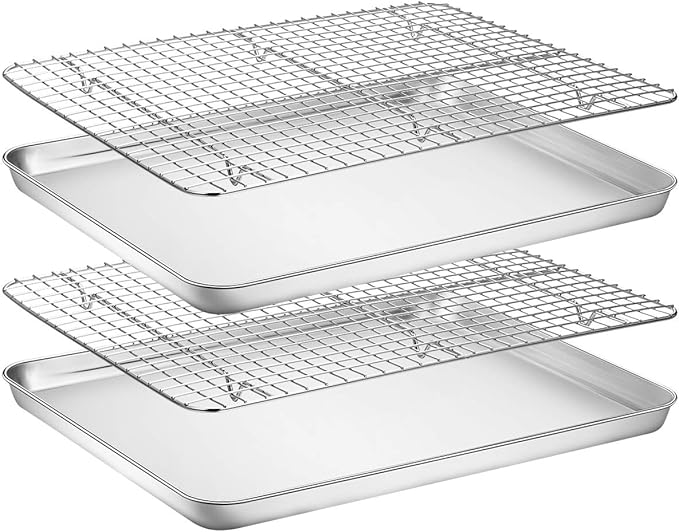 Baking Sheet with Rack Set [2 Pans + 2 Racks], Wildone Stainless Steel Cookie Sheet Baking Pan Tray with Cooling Rack, Size 18 x 13 x 1 Inch, Non Toxic & Heavy Duty & Easy Clean