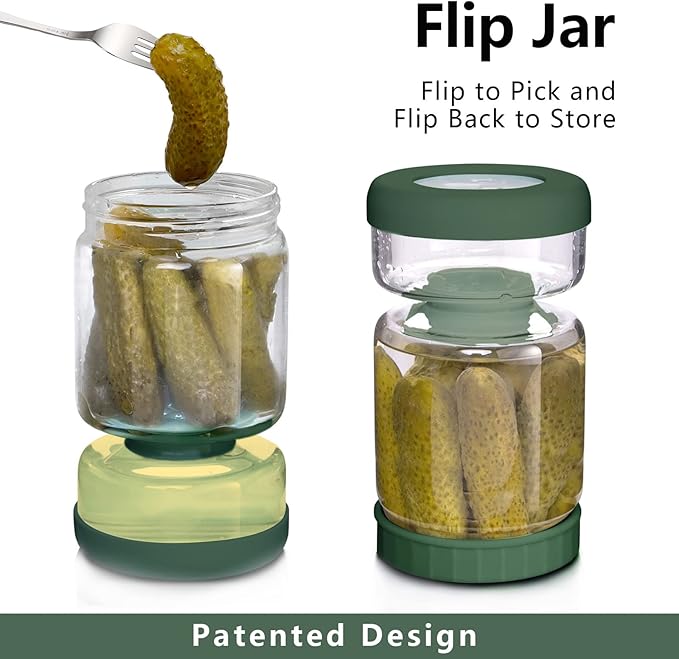 WhiteRhino Glass Pickle Jar,34oz Olive Hourglass Jar with Strainer,Airtight Glass Jar Pickle Juice Separator Flip Pickle Jar for Gherkin Jalapeno