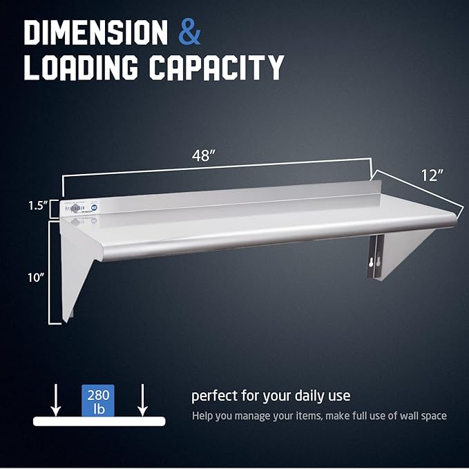 Profeeshaw NSF Stainless Steel Shelf 12” x 48”, 280 lb Commercial Shelves Wall Mounted Metal Shelving with Backsplash and 2 Brackets for Restaurant, Bar, Utility Room, Kitchen and Garage