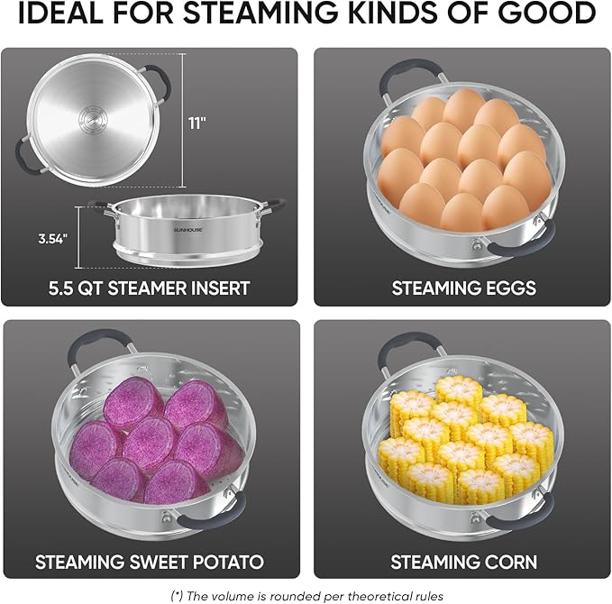Sunhouse - 5.5 Quarts Steamer Pots With Lid 2-Tier Multipurpose Stainless Steel Steaming Pot Cookware For Vegetable, Dumpling, Sauce, Food - Triple Bottom, Measurement Line