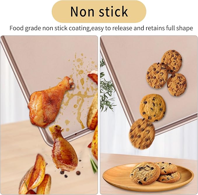 Baking Sheet Tray 9 x 11 Inch Cookie Sheet Nonstick, 2-Pack Heavy Duty Small Baking Pans, Carbon Steel, Gold - Bakeware Sets for Cookies, Roasting, Oven Safe, Easy to Clean