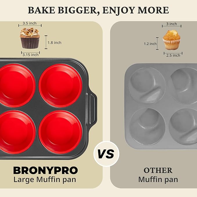 BRONYPRO Jumbo Silicone Muffin Pan with Metal Frame, 3.5" Large Muffin Tins, Non-Toxic Food Grade Silicone, Non-Stick for Egg Bites & Big Cupcakes, Oven Safe, Red