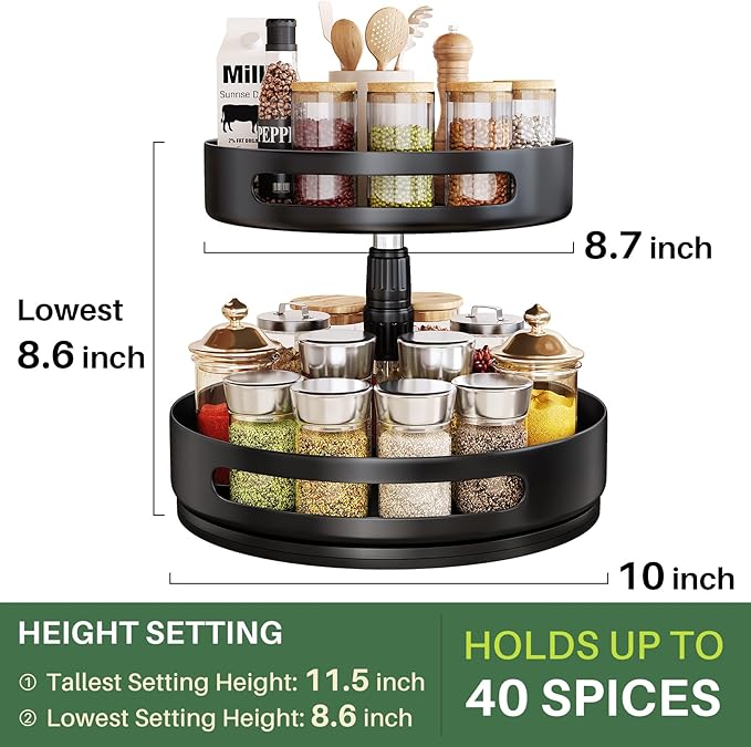 Lazy Susan Organizer Spice Rack - 2 Tier Height Adjustable Spice Organization for Cabinet, Metal Seasoning Organizer Lazy Turntable Spice Organizer for Table Top Pantry Kitchen Storage (10 inch)