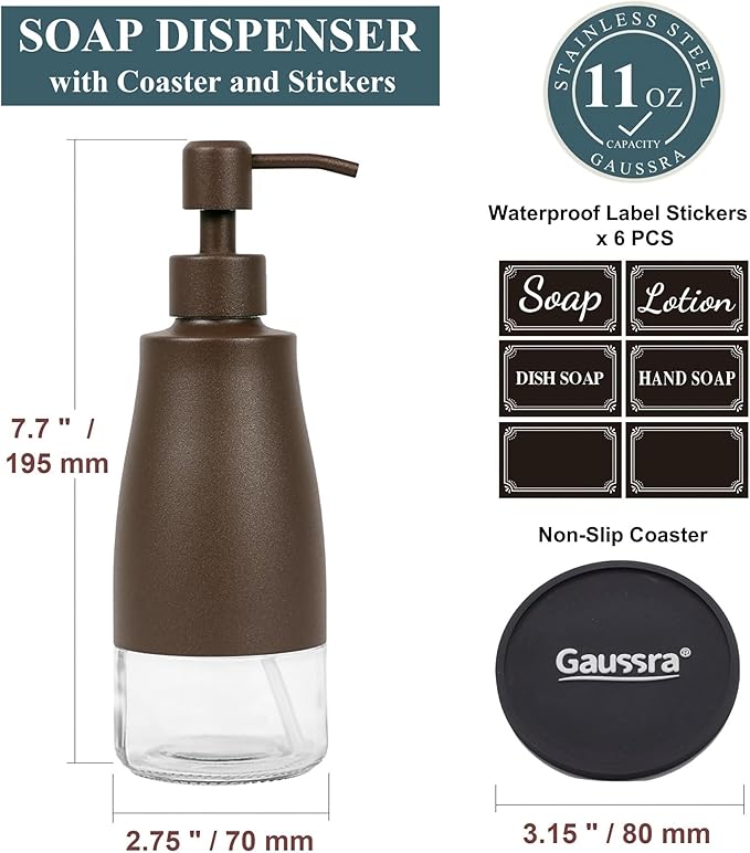 Bronze Soap Dispenser with Coaster and Stickers, Stainless Steel and Glass Bottle Hand Pump Dispenser, Refillable Liquid Hand Soap Dispenser for Bathroom & Kitchen (11OZ / 320ML)