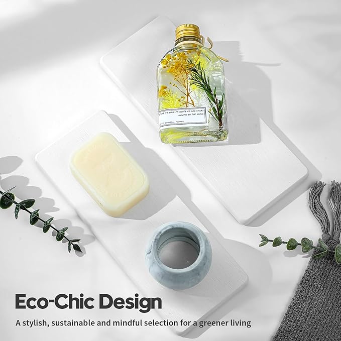 2PCS Bathroom Sink Trays, Water Absorbing Diatomite Stone Quick Drying Mat for Kitchen Counter, Dish Rack Soap Dispenser Sponge Holder Caddy Vanity Organizer, White, 9"x3.5"