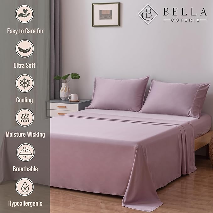 Bella Coterie Luxury Bamboo Viscose Queen Size Sheet Set | 100% Organically Grown | Ultra Soft | Cooling for Hot Sleepers | 18" Deep Pocket [Lilac]