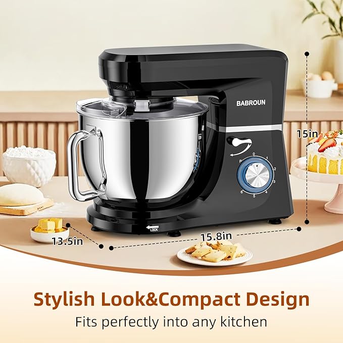 8.45 QT Stand Mixer - 660W 6 Speed Large Capacity Kitchen Electric Mixer with Whisk Dough Hook Mixing Beater Household Food Mixer for Baking Cakes Cookie Bread Salad (Black)