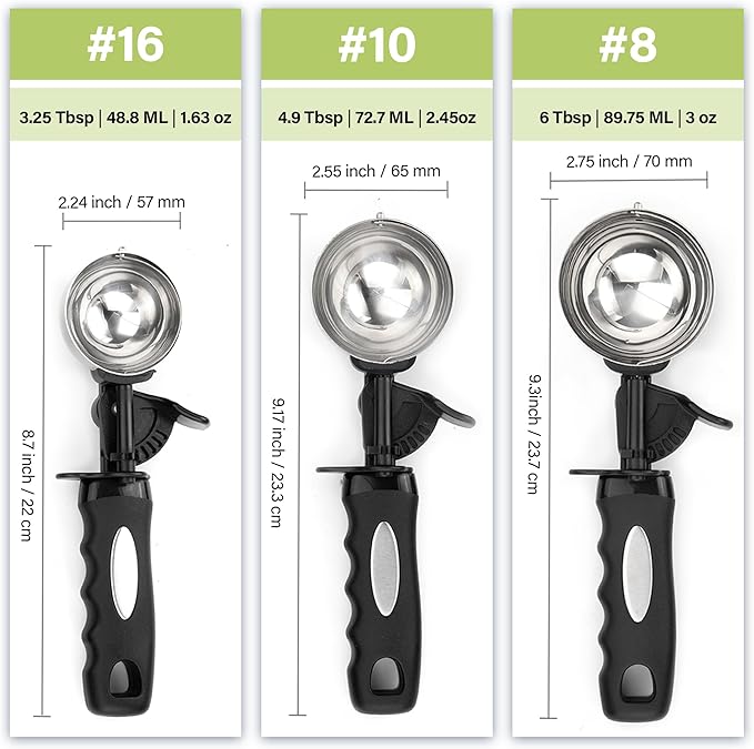 Ice Cream Scoop Set, Cookie Scoop set of 3, 3.25 Tbsp/ 4.9 Tbsp / 6 Tbsp Ice Cream Spoon with Trigger, Cookie Dough Scoop, Portion Scoop 1.63 oz, 2.45 oz, 3oz