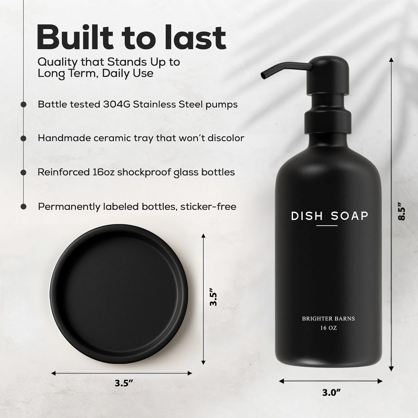 Black Glass Dish Soap Dispenser for Kitchen Sink by Brighter Barns - Modern Kitchen Soap Dispenser Set with Tray and Stainless Steel Pump - Modern Decor for Vacation Rental, Restaurants, Gifts (Black)