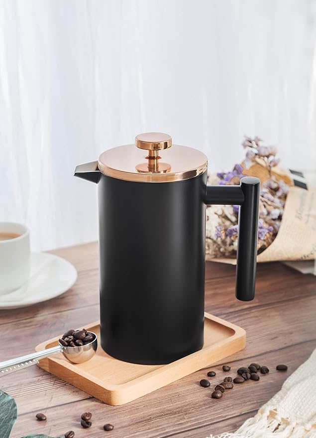 Small French Press Coffee Maker 600ml, Black Double-Wall Insulated French Press Coffee Press Stainless Steel for travel camping, Included 2 Extra Fliters and 1 Coffee Spoon (2-4cup, 20 OZ)