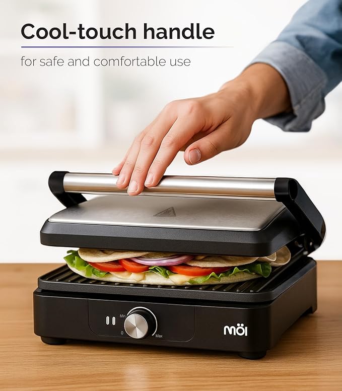 MOI Panini Press Grill & Sandwich Maker - 180° Dual-Plate Stainless Steel Grill Press for Paninis, Grilled Cheese, Burgers, Quesadillas, Breakfast, and More - 11 x 9 Inch Panini Maker with Drip Tray