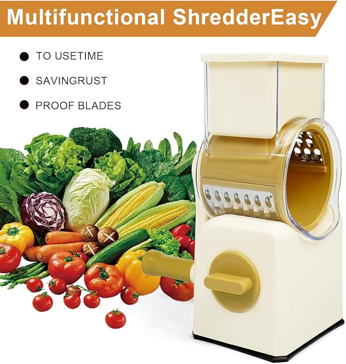 3 in 1 Cheese Grater, Rotary Cheese Grater with Handle for kitchen, Vegetable Slicer with 3 Replaceable Stainless Steel Blades,Peeler and Rubber Gloves (White)