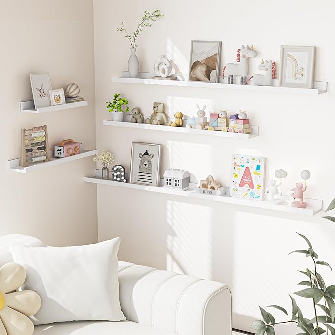 Heimlove Picture Ledge Shelf, Floating Shelves Set of 2, 48 Inches Picture Shelf for Wall with Ledge, Kids Bookshelf Wall Mounted for Living Room Bedroom Decor Books Photo Frames, White