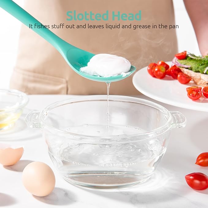 13.3" Slotted Cooking Spoon: U-Taste 600ºF Heat Resistant Kitchen Mixing Spoon, Food Grade Nonstick Long and Large Rubber Soup Utensil for Serving, Stirring, Basting, for Pot Cookware (Aqua Sky)