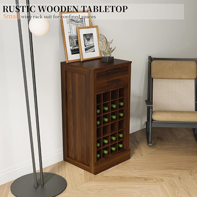 WERSMT 6-Tier Wine Rack Freestanding Floor with 2 Drawers, 24 Bottles Wood Wine Rack Counter for Small Space, Farmhouse Stackable Modular Wine Bottle Holder Rack, Walnut