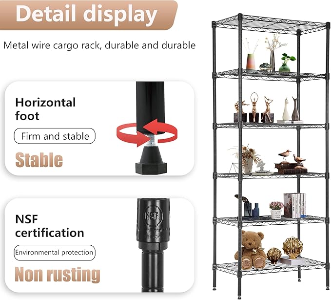 FDW 6 Tier Wire Shelving Units Adjustable Metal Storage Rack 23L x 13W x 59H NSF Pantry Shelves Kitchen Organization Shelf for Kitchen Garage Small Places Commercial,Black
