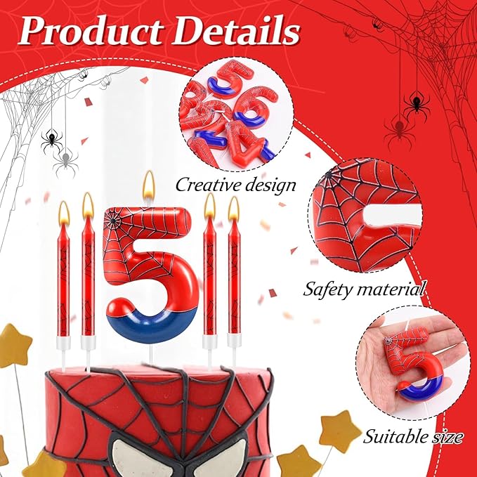 13 Pcs Spider Themed Birthday Candle Set Red Spider Theme Number 5 Candle Cake Topper for Boys Girls Birthday Decoration Spider Party Decoration Supplies (Number 5)