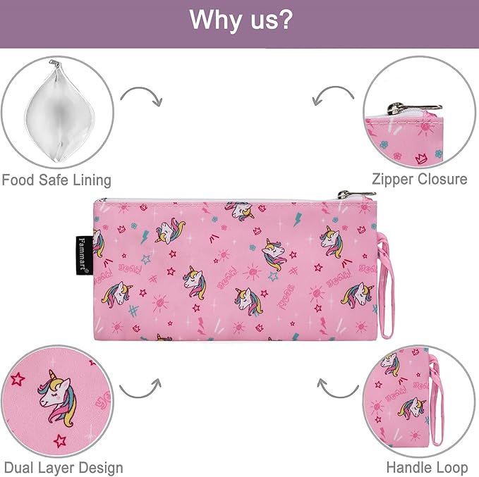 Reusable Sandwich Bag/Snack Bag for Kids & Adults, Dual Layer Lunch Bag with Handle, Washable, Food Safe, BPA Free (2-Pack, Unicorn)